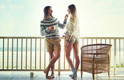 Buy stock photo Love, trip or couple on balcony with coffee, healthy relationship or bonding on seaside holiday. Connection, man or woman at ocean with warm drink, commitment or morning together in romantic vacation