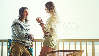 Buy stock photo Love, man or woman on balcony with coffee, bonding together or communication in healthy relationship. Smile, space or couple at ocean with warm beverage, connection or romantic moment in start of day
