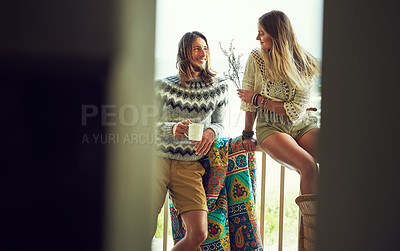 Buy stock photo Happy, couple and people with coffee, balcony or romance with flowers on break, bonding and together. Home, man and woman with floral gift, love and beverage on weekend, morning and relationship