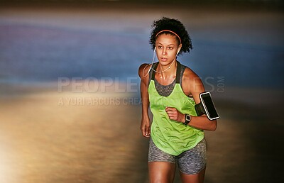 Buy stock photo Exercise, running and woman in city, fitness and training for wellness, earphones and challenge. Sound, person and runner with endurance, practice and cardio workout for health benefits or audio