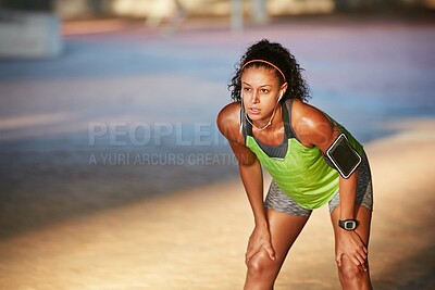 Buy stock photo Runner, exercise and woman in city for rest, recovery and break for fitness or workout. Sports, earphones and African person with fatigue, tired and training in town for health, wellness or endurance