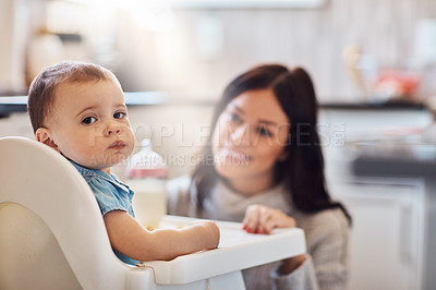 Buy stock photo Eating, mom or baby in high chair with meal, motherhood or bonding for child growth. Mothers Day, portrait and people with feeding, healthy relationship or connection with nutritional development