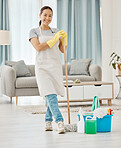 Cleaning floor, house work and woman working in home service mopping living room, doing job with smile and happy to clean house apartment. Portrait of Asian cleaner or housewife housekeeping