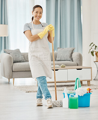 Buy stock photo Cleaning floor, house work and woman working in home service mopping living room, doing job with smile and happy to clean house apartment. Portrait of Asian cleaner or housewife housekeeping