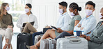 Face mask, covid compliance or people in airport terminal travel in safety healthcare law. People, business or tourist in covid 19 safety in immigration, medical security or international traveling
