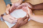Circle, hands and diversity for business solidarity, support and teamwork in office for unity and collaboration above table. Group, job and staff people in team for development, trust and mission