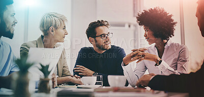 Buy stock photo Business team, meeting and collaboration with diversity and colorful lights with teamwork in office. Communication, workforce and creative group together with planning and professional discussion