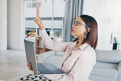 Buy stock photo Press, laptop and business woman in virtual metaverse for online presentation or video call with connection in remote work. Planning, internet and employee in home office working on strategy