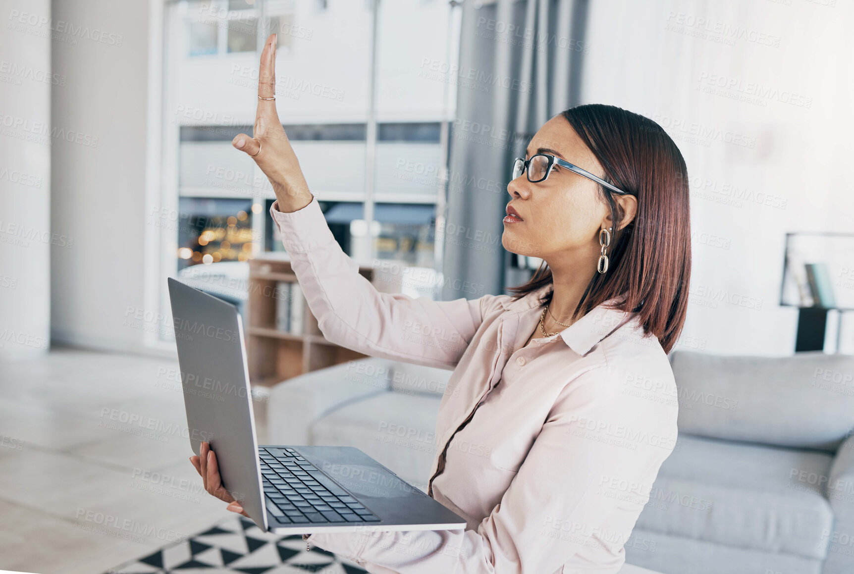 Buy stock photo Press, laptop and business woman in virtual metaverse for online presentation or video call with connection in remote work. Planning, internet and employee in home office working on strategy