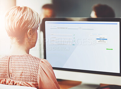 Buy stock photo Woman, back and reading with computer in office for administrative work, digital reports and information management. Employee, internet and technology for schedule appointment and business software.