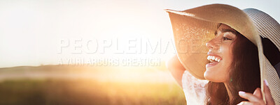 Buy stock photo Happy, woman and thinking for travel in nature for fresh air, nostalgia memory and summer holiday. Space, female person and banner with vision, calm morning and vacation trip with hat in countryside