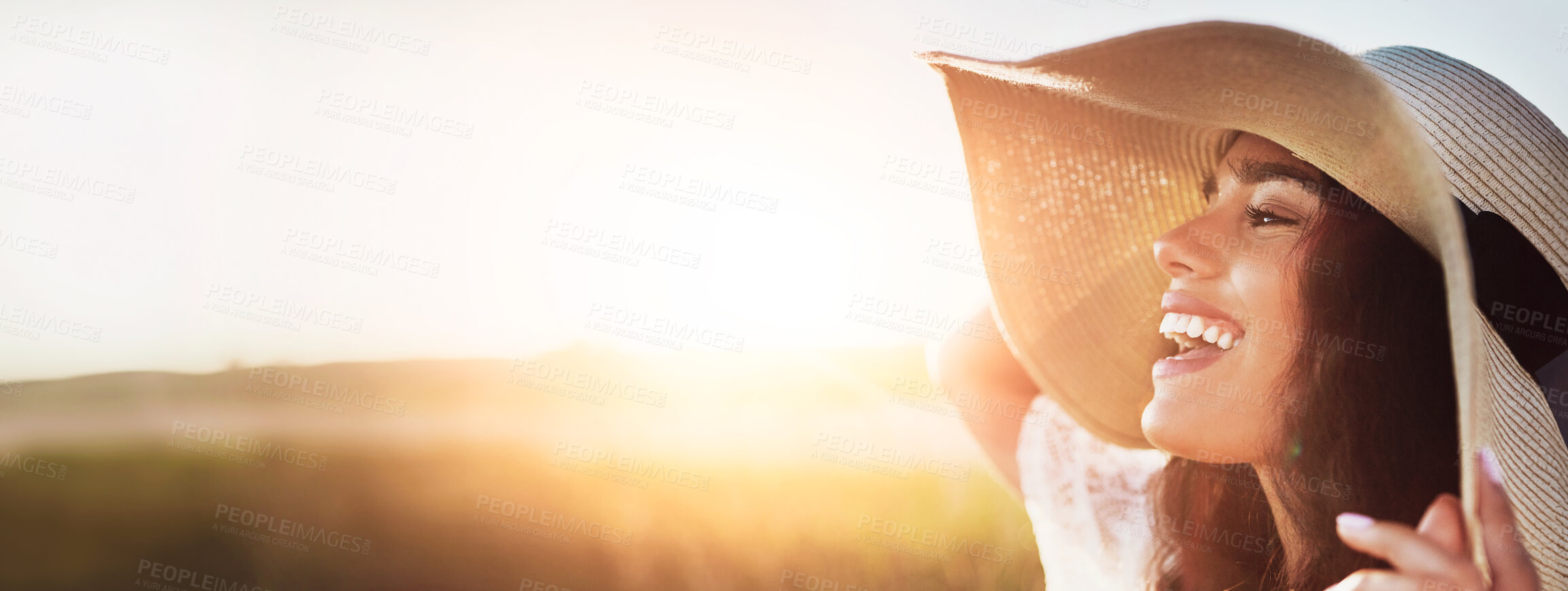 Buy stock photo Happy, woman and thinking for travel in nature for fresh air, nostalgia memory and summer holiday. Space, female person and banner with vision, calm morning and vacation trip with hat in countryside