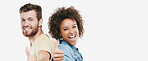 Thumbs up, banner and couple in studio with portrait, good job or thank you in okay hand gesture. Yes, space and people on white background with positive emoji, agreement and appreciation in feedback