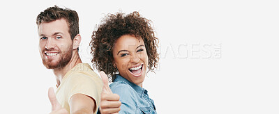 Buy stock photo Thumbs up, banner and couple in studio with portrait, good job or thank you in okay hand gesture. Yes, interracial or people on white background with positive emoji, space or appreciation in feedback