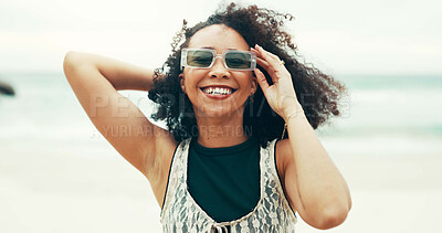 Buy stock photo Portrait, beach and woman with sunglasses, holiday and fashion for smile, adventure or summer vacation. Happy, travel and person with shades, ocean and confidence with weekend trip to Miami sea