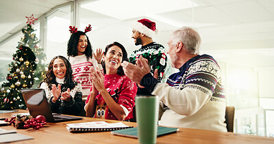 Buy stock photo Christmas, colleagues and applause in boardroom, meeting or celebration for sales, graphs or report. Happy, team and people with chart for financial growth, clapping and holiday success for business