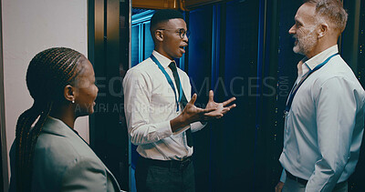 Buy stock photo Collaboration, communication and cybersecurity with people in server room for network administration. Conversation, explain and tech support with team in data center for maintenance of mainframe