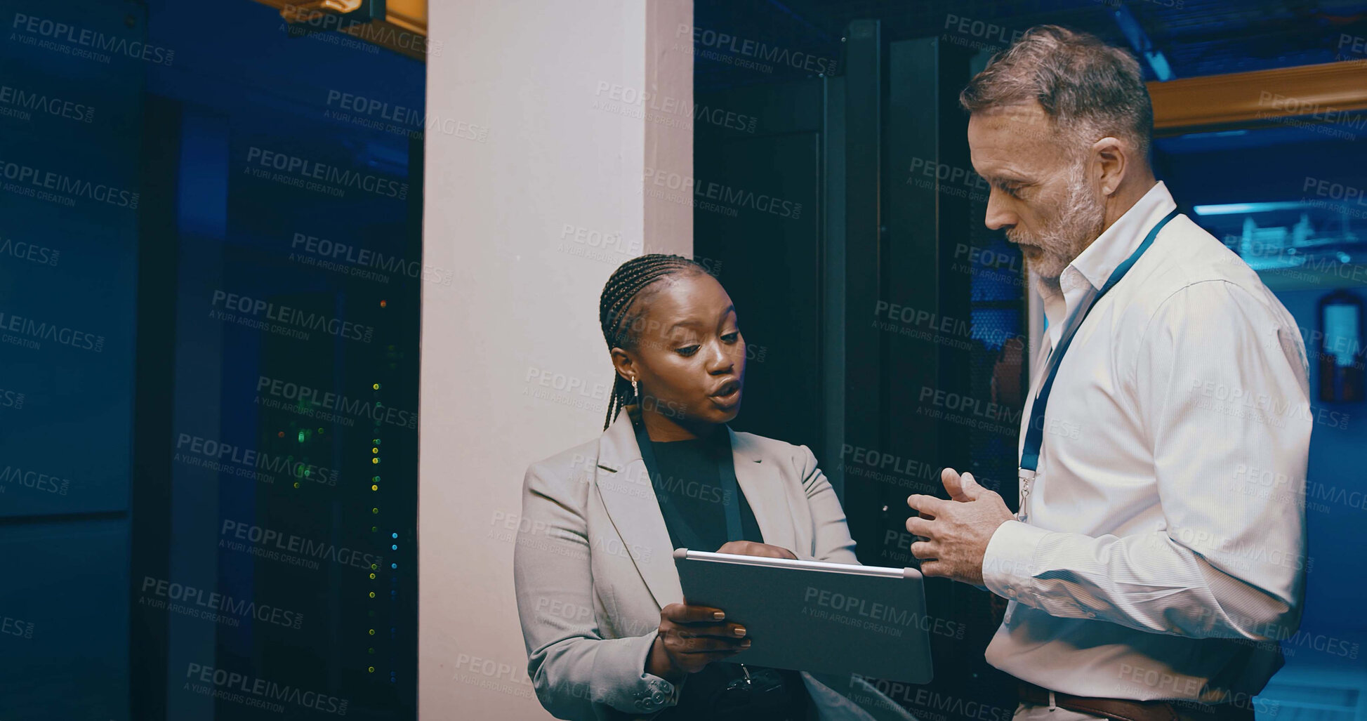 Buy stock photo People, cyber security and tablet in server room, discussion and programming with inspection. IT specialist, technical support and employees with hardware upgrade, problem solving and cooperation