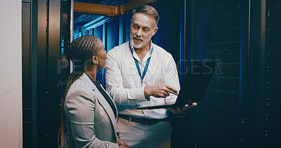 Buy stock photo Cybersecurity, laptop and maintenance with people in data center together for network upgrade. Collaboration, computer and conversation with tech support team in server room for administration backup