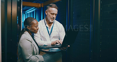 Buy stock photo Cybersecurity, laptop and maintenance with people in server room together for network upgrade. Collaboration, computer and conversation with tech support team in data center for administration backup