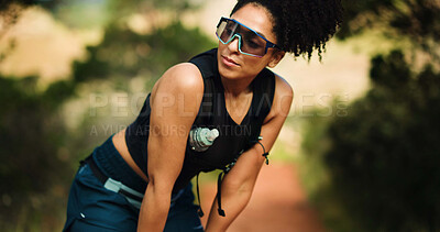 Buy stock photo Fitness, thinking and tired with woman in forest for break, challenge or performance as runner. Exercise, fatigue and recovery with athlete person outdoor in nature for marathon, training or workout
