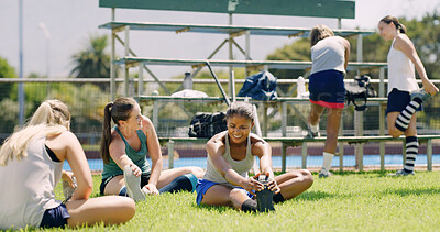 Buy stock photo Sports, outdoor and women with cellphone, relax and conversation with game results. Online chatting, group and friends with connection, smartphone and communication with fitness, smile and break