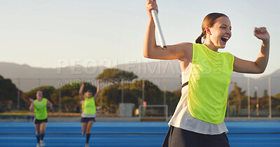Buy stock photo Happy, athlete and woman cheering for hockey success, fitness achievement and sports champion. Excited, female person and celebration for competition victory, score goal and tournament accomplishment