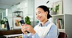 Happy, business and woman with phone in office for research, contact source or article submission. Smile, person and mobile for positive feedback, fact check and online questions of story publication