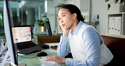 Buy stock photo Media agency, thinking and woman with computer, internet and online reading with email for submission. Person, publication or journalist with copywriting, wonder or pc with magazine website or choice