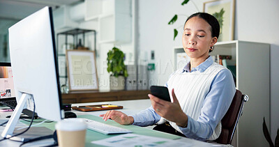 Buy stock photo Businesswoman, computer or reading with phone in office, stock notification or client performance update. Pc, data analysis or financial analyst with mobile app to review investment, charts or graphs