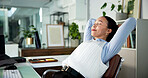 Woman, relax or stretching in office with smile for break, productive day or finish finance task. Happy, financial consultant and person in workplace with rest, complete project and job satisfaction.