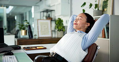 Buy stock photo Woman, relax or stretching in office with smile for break, productive day or finish finance task. Happy, financial consultant and person in workplace with rest, complete project and job satisfaction.
