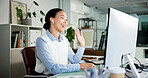 Video call, wave or woman in office with earphones, networking or introduction in client chat. Smile, hello or consultant in agency with tech, online meeting or report update for stakeholder.