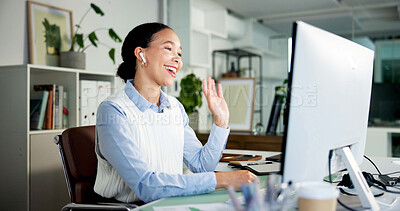 Buy stock photo Video call, wave or woman in office with earphones, networking or introduction in client chat. Smile, hello or consultant in agency with tech, online meeting or report update for stakeholder.