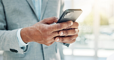 Buy stock photo Hands, business and man reading with phone for research, stock market and trading online. Male person, mobile and review for cryptocurrency, exchange rates and economic update for investment response
