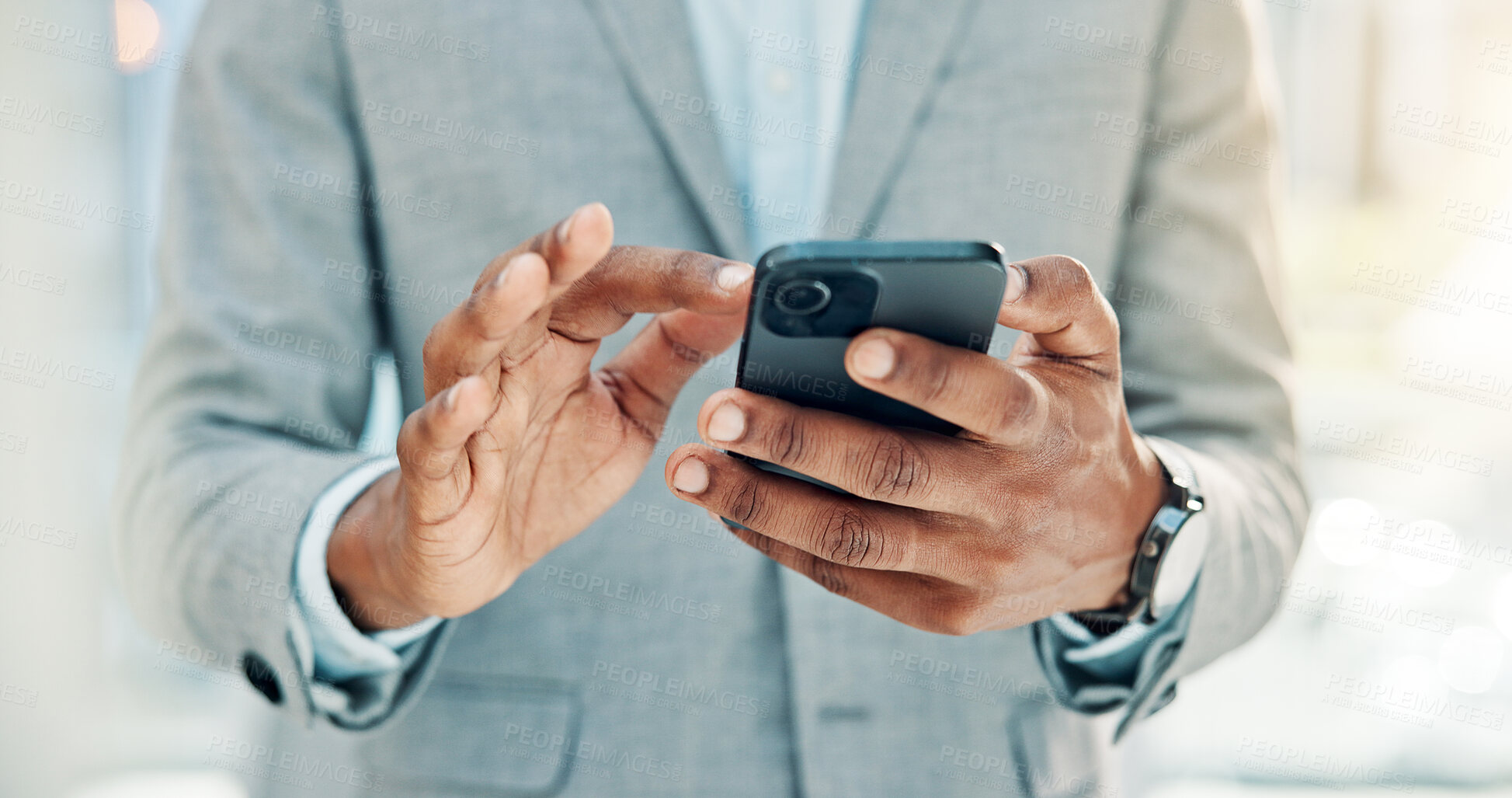 Buy stock photo Hands, phone and business man in workplace for insurance, policy notification or check schedule. Person, mobile or broker in office with email for claims review, coverage information or communication