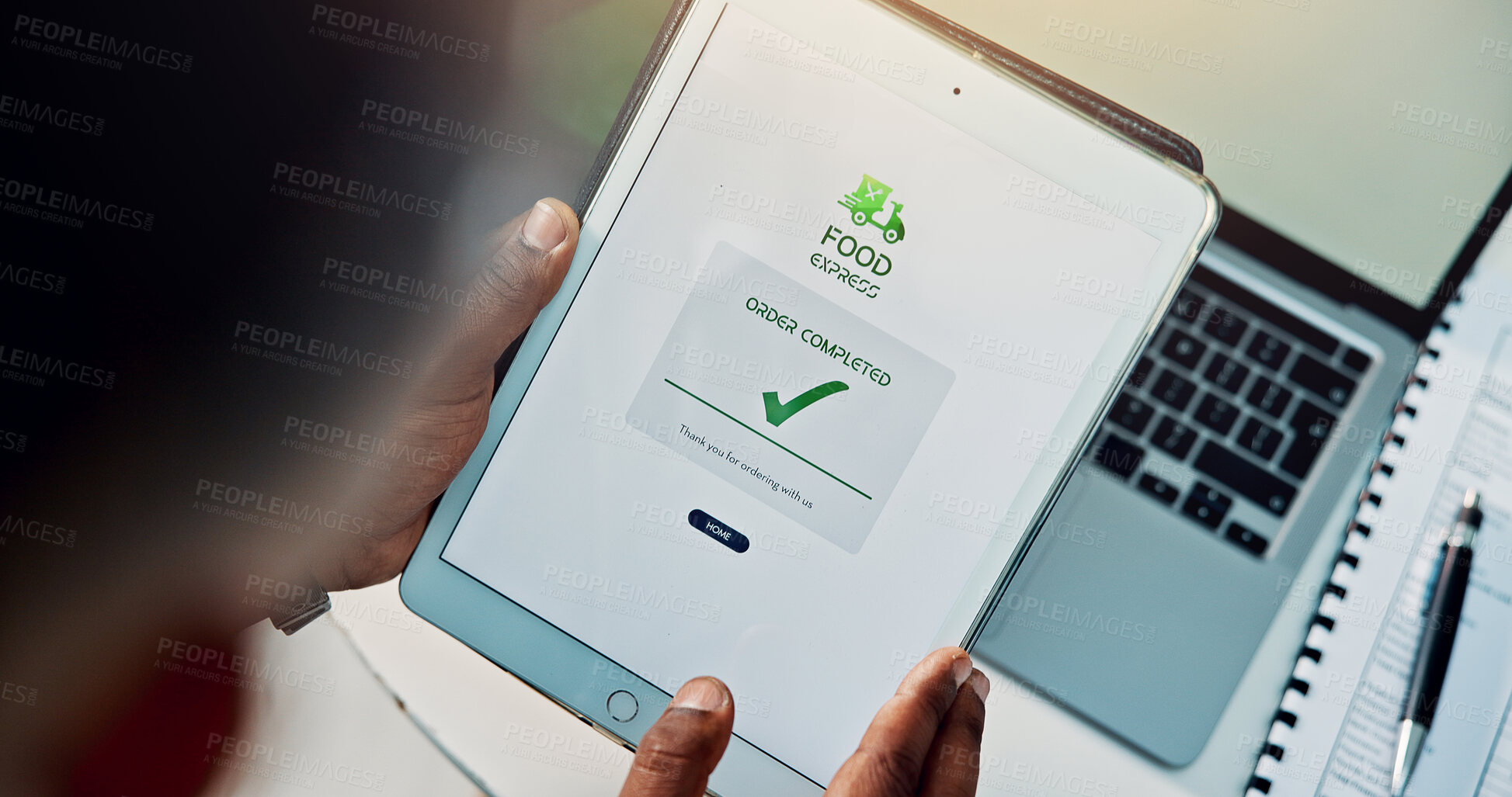 Buy stock photo Above, hands and tablet screen with business man in office for online order of takeaway food. App, confirmation and ecommerce with employee person at desk in workplace for delivery service on display