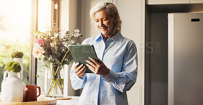 Buy stock photo Home, tablet and senior woman with smile, retirement and connection with social media. Apartment, pensioner and mature person with technology, internet and network with funny meme and communication