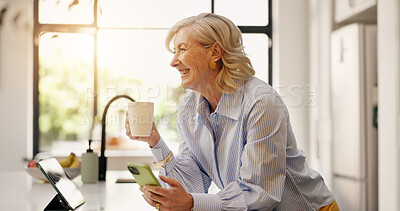 Buy stock photo Home, cellphone and old woman with smile, coffee and communication with social media. Lens flare, pensioner and mature person with smartphone, online humor and network with funny meme and caffeine