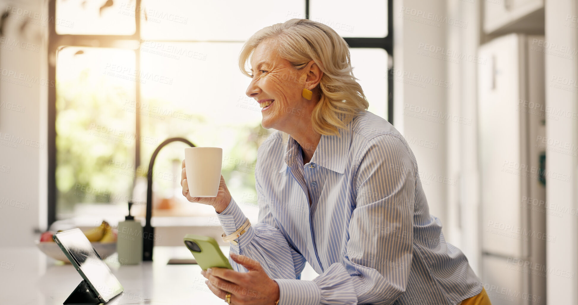 Buy stock photo Home, cellphone and old woman with smile, coffee and communication with social media. Lens flare, pensioner and mature person with smartphone, online humor and network with funny meme and caffeine