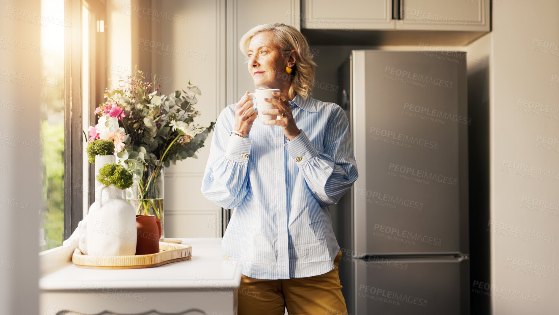 Buy stock photo Coffee, ideas and senior woman by window in home for reflection, memory or dreaming in morning. Cappuccino, thinking and elderly female person drinking warm beverage for retirement in apartment.