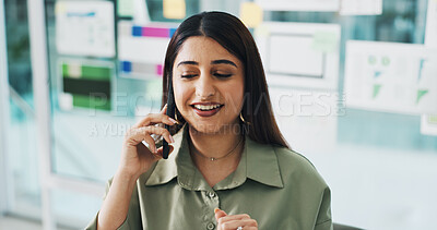 Buy stock photo Happy woman, web designer and discussion with phone call for business proposal or design in office. Female person, consultant or developer talking with smile for software feedback or communication