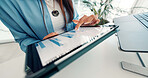 Hands, tablet and business person with graph for finance report, investment research and statistics. Professional, corporate and woman on digital tech for financial chart, planning and budget review