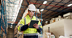 Businessman, logistics and checking inventory with tablet in warehouse for supply chain or stock. Man, distributor or supplier with technology for storage maintenance or quality control in depot