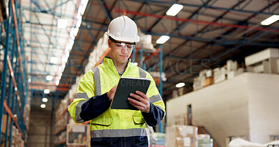 Buy stock photo Businessman, logistics and checking inventory with tablet in warehouse for supply chain or stock. Man, distributor or supplier with technology for storage maintenance or quality control in depot