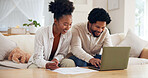 Budget, documents and laptop with black couple on sofa in living room of home for finance review. Computer, conversation and financial planning with African people in apartment for investment