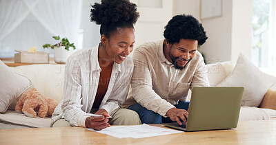 Buy stock photo Budget, documents and laptop with black couple on sofa in living room of home for finance review. Computer, conversation and financial planning with African people in apartment for investment