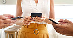 Business women, hands and phone with data sync for connectivity, network or sharing app in office. Closeup, female people or users typing with mobile smartphone for communication or connection
