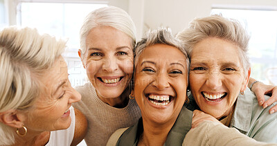 Buy stock photo Portrait, elderly women and embrace with selfie, smile and bonding together for profile picture in home. Happy, senior people and retired friends with photography, connection and hug for good memory.