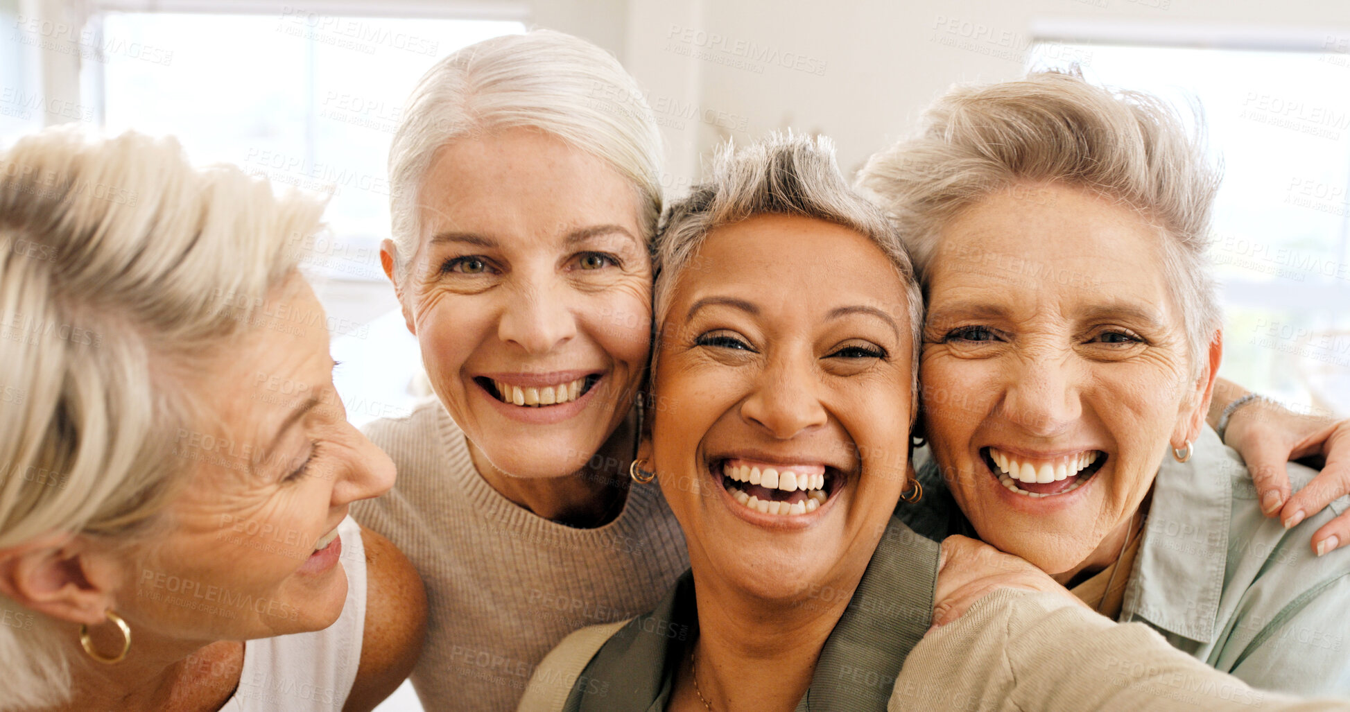 Buy stock photo Portrait, elderly women and embrace with selfie, smile and bonding together for profile picture in home. Happy, senior people and retired friends with photography, connection and hug for good memory.